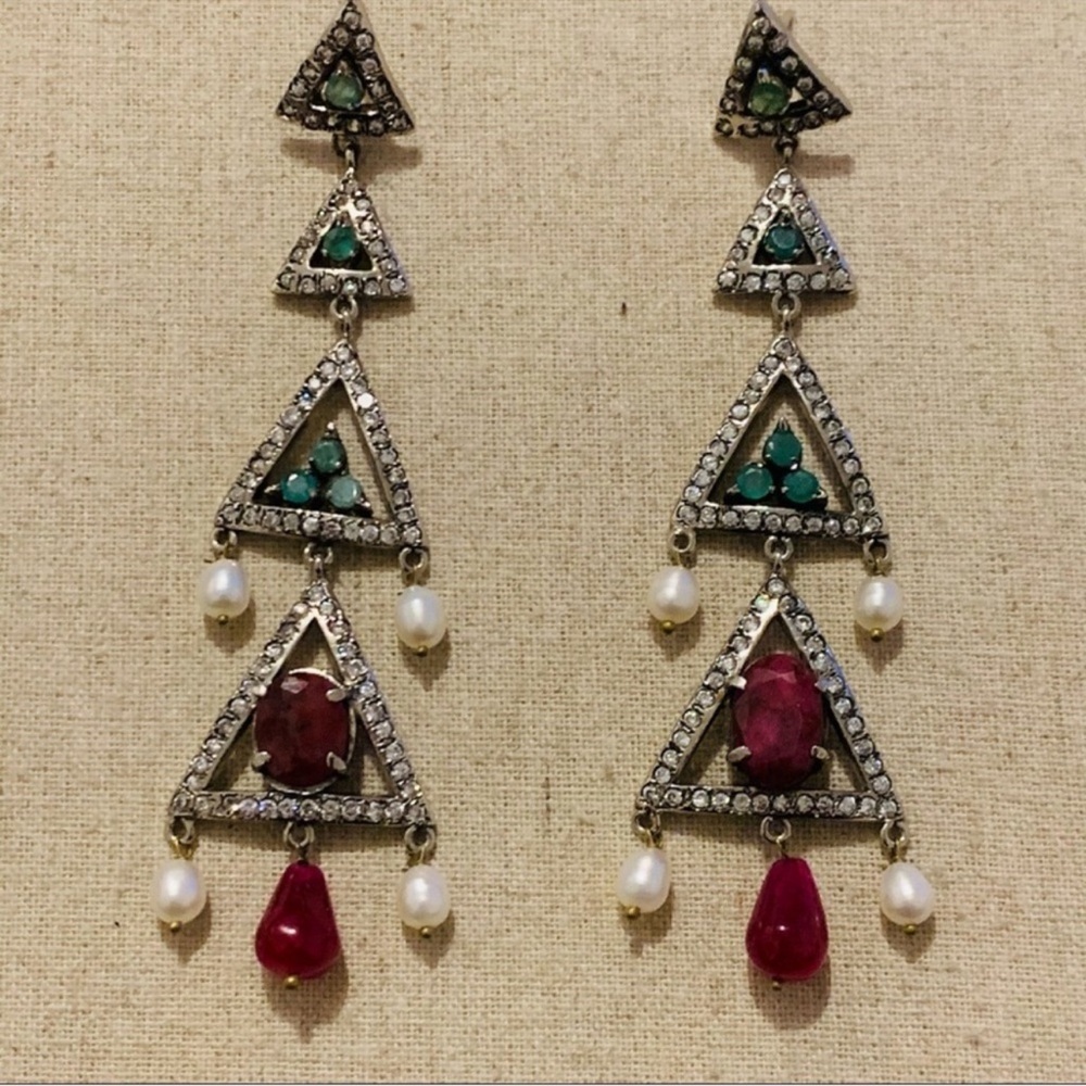 Ruby Emerald Pearl & Zircon Chandelier Earrings